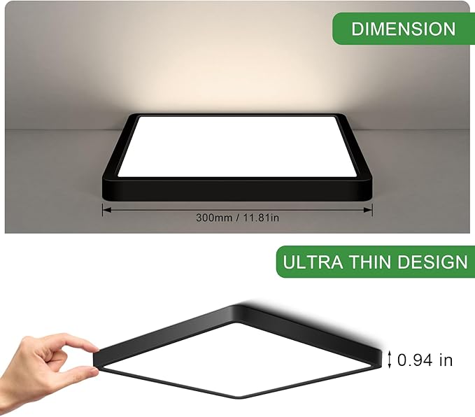 12Inch 24W Square LED Ceiling Light Fixtures Flush Mount, 4000K Natural White Ceiling Lamp, Surface Mount Modern Ceiling Lights, Slim Flat Panel Lighting for Bedroom, Kitchen, Bathroom Etc.Black