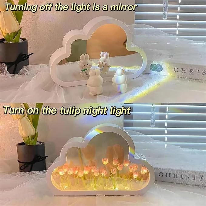 LOGAZOO (20 Flower) Mothers Day Gifts for mom Tulip Lamp Night Light with Mirror, Assembled Artificial Flower Lamp Table Light Bedroom Decoration Gift for Women Girlfriend Sisters Desk Table Decor
