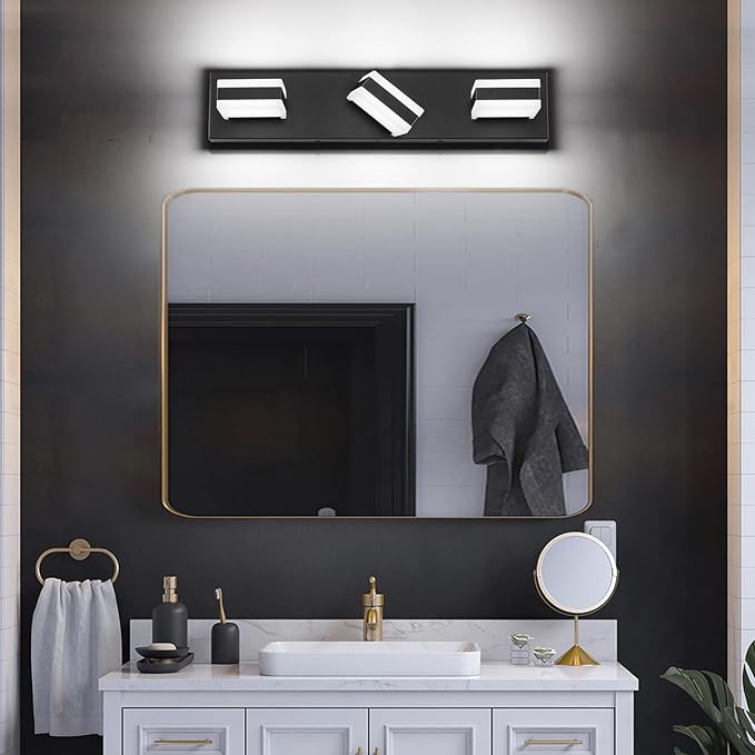 SOLFART LED Dimmable Black Vanity Light Over Mirror,3 Lights Bathroom Light Fixtures, Restroom Modern Vanity Lighting for Bathroom Cool Light 6000K