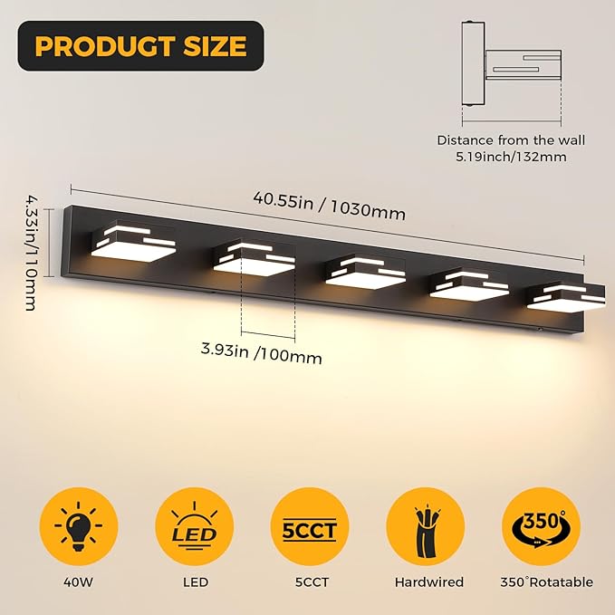 5-Light 5CCT Modern Bathroom Vanity Light Fixtures, 40-Inch 350° Rotatable LED Vanity Lights Over Mirror, Dimmable Matte Black Metal Wall Sconce 2700K-6000K Selectable