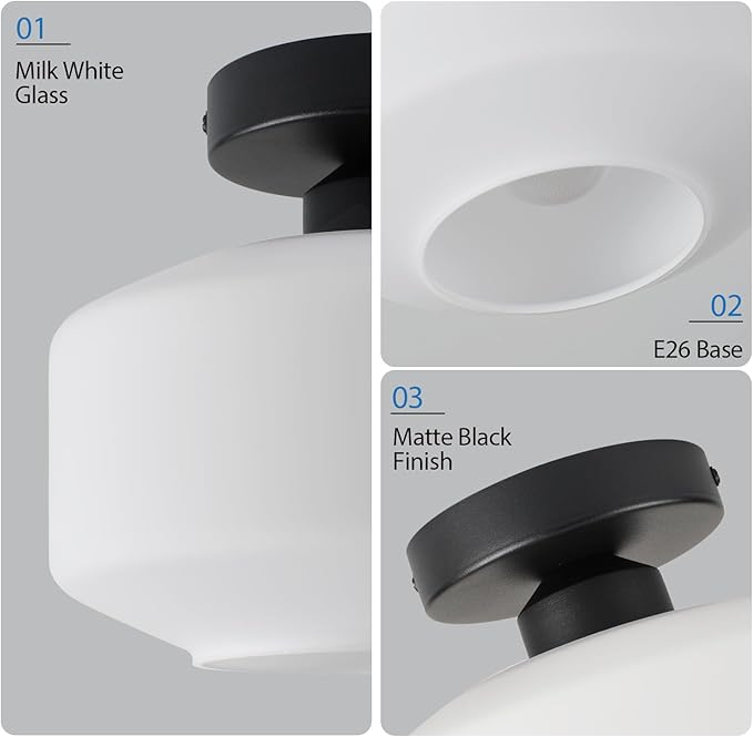 TeHenoo Milk White Glass Ceiling Light Fixture,8.6 inch, Matte Black Base,Modern Semi Flush Mount Light for Hallway, Entryway,Kitchen