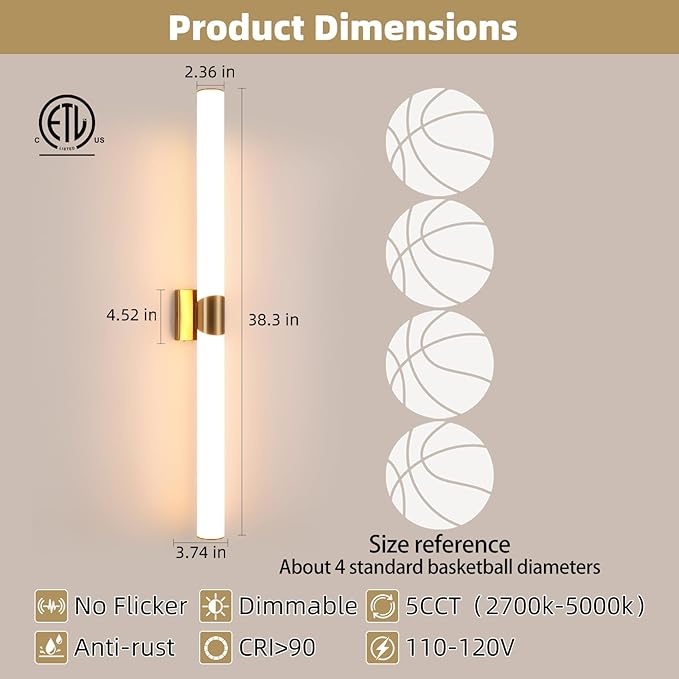 Modern Wall Sconce 39 Ihch Gold Bathroom Sconces LED Wall Lighting Fixtures with Acrylic Shade Hardwired Long Vanity Lights Over Mirror for Bedroom Living Room Hallway