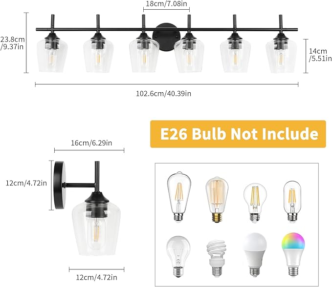 Bathroom Vanity Light Fixtures, Bathroom 6-Lights Over Mirror Modern Vanity Lighting with Clear Wine Glass Shade Wall Lamp for Bedroom Hallway Living Room (Black, 6-Light)