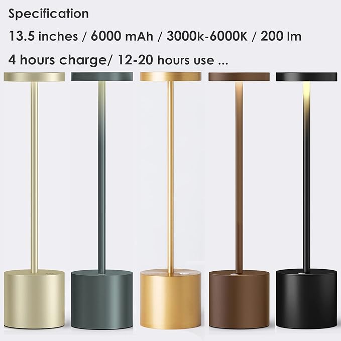 Cordless Rechargeable Battery Operated Dining Table Lamp 6000 mAh LED Desk Lamps 13.5 inches 3-Level Light Color Adjustable Dimmable Brightness for Reading/Restaurant/Study, Pack of 2
