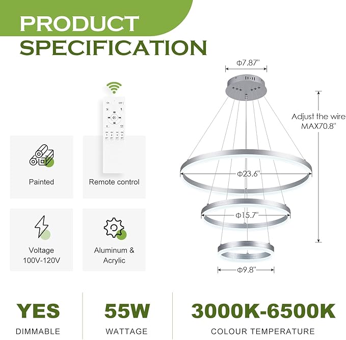 Benkut 3-Rings D23.6 Modern LED Chandelier Silver Dimmable Pendant Lighting with Remote Control Circular Flush Mount High Ceiling Light for Dining Room Living Room Bedroom Entrance Foyer, 3000K-6500K