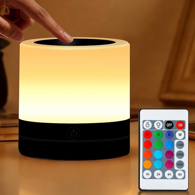 Portable Night Light for Kids, USB Rechargeable Small Desk Lamp,13 RGB Colors & 4 Brightness & 1 Remote, Touch Bedside Table Lamp for Nursery Bedroom Living Room Home (Black)