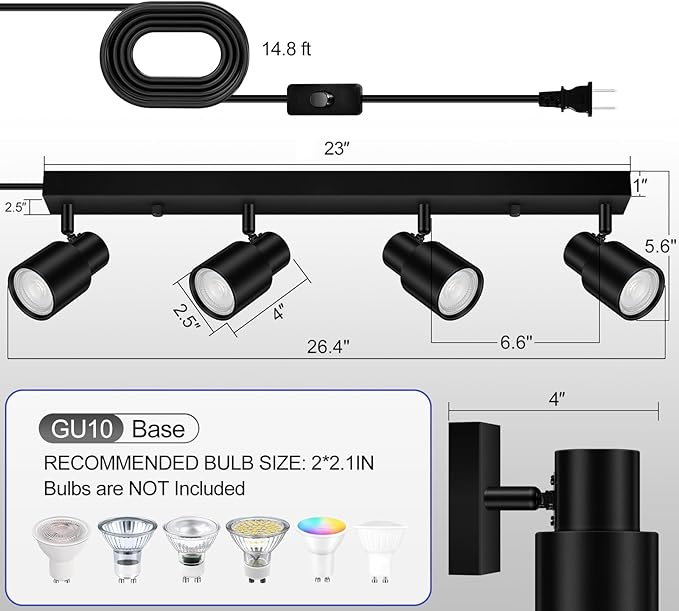 Plug in Track Lighting, 23" LED Track Lighting Fixtures Ceiling, Black 4 Way Spotlight, Rotatable Track Head, Plug in Ceiling Light with Power Cord, Plug Wall Light for Kitchen Hallway(GU10, NO Bulb)