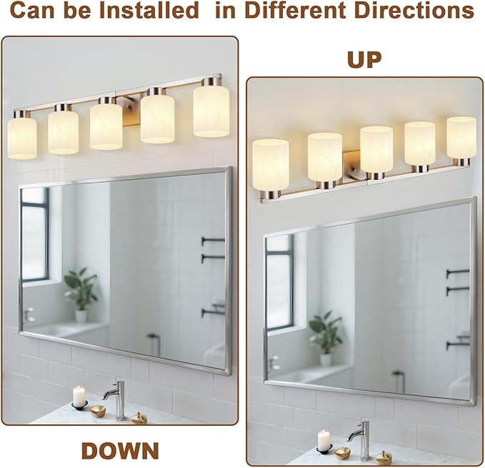 5-Light Bathroom Light Fixtures, Modern Vanity Lights, Brushed Nickel Metal Wall Lamp with White Marble Glass for Bathroom, Mirror, Living Room, Bedroom, Cabinet, Porch, Hallway, E26 Base