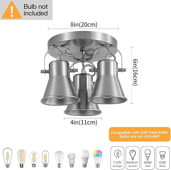 SEEBLEN 3-Light Industrial Track Lighting, Adjustable Round Kitchen Ceiling Light, Morden Nickel Flush Mount Directional Light for Kitchen, Hallway, Dining Room, Bathroom, Coffee Bar