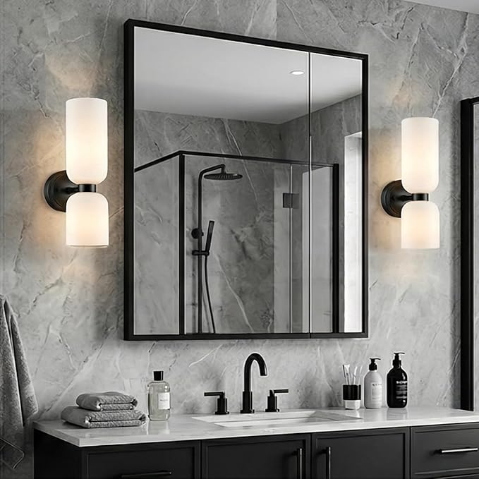 DEYNITE Black Wall Sconces Set of 2 Modern Farmhouse 2-Light Wall Light Bathroom Vanity Light,Milky White Glass Light for Bedroom, Living Room, Kitchen