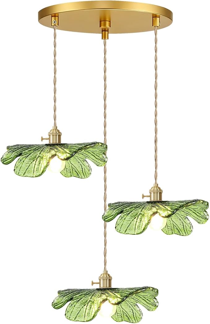 Green Glass Pendant Light 3-Light Cluster Chandelier Adjustable Gold Brass Pendant Hanging Light Farmhouse Pendant Lights for Kitchen Island Dining Room Bedroom