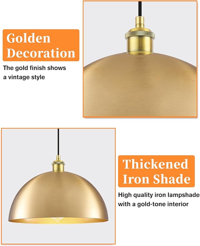 Gold Pendant Lights, 11.8" Farmhouse Pendant Light for Kitchen Island, Vintage Pendant Light Fixtures for Dining Room, Living Room, Bedroom, Dome Pendant Lighting, 2 Pack