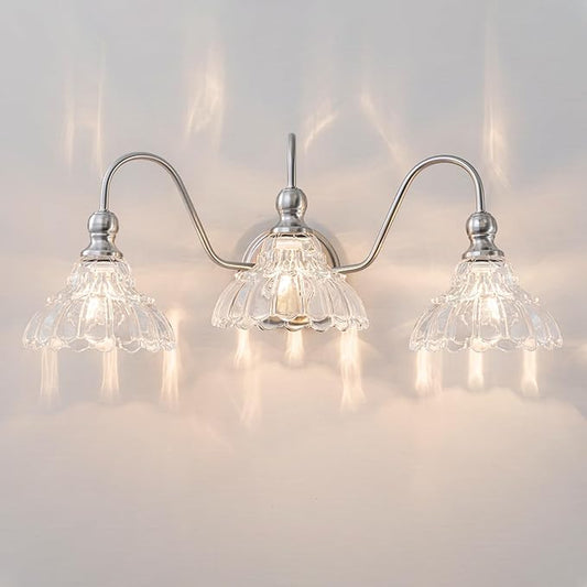 Vintage Bathroom Light Fixtures Over Mirror, 3-Light Brushed Nickel Wall Sconce Lighting with Flower Glass Shade, Farmhouse Vanity Lights for Bedroom Kitchen Living Room Hallway Light