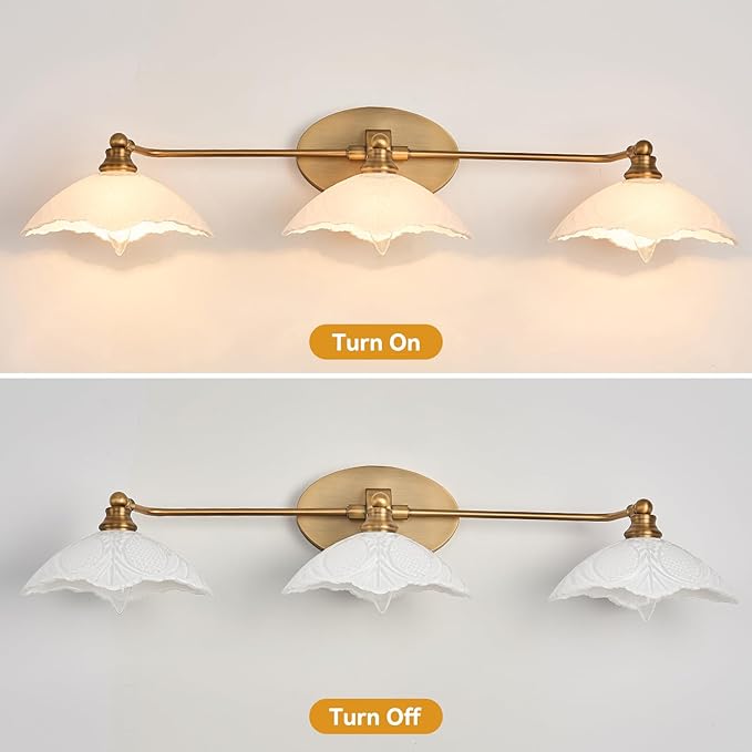 Bathroom Light fixtures Brass Vanity Light -3 Light Bathroom Vanity Light E12 Bulb Holder, 33.85 Inch Large White Light, Retro Luxury Bathroom Mirror Lighting
