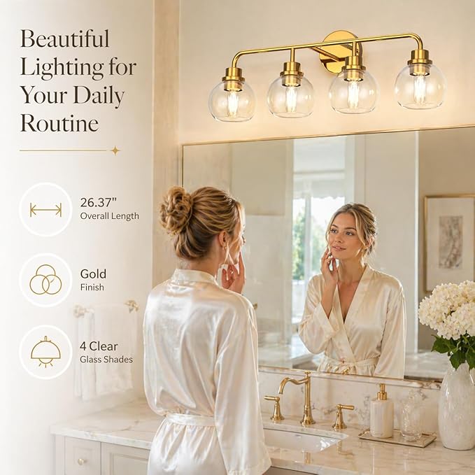 DORESshop Built to Last 20 Years Bathroom Light Fixtures, 4-Light Vanity Lights Over Mirror, Gold Wall Lamp with Clear Glass for Living Room Decor Bedroom Porch Cabinet