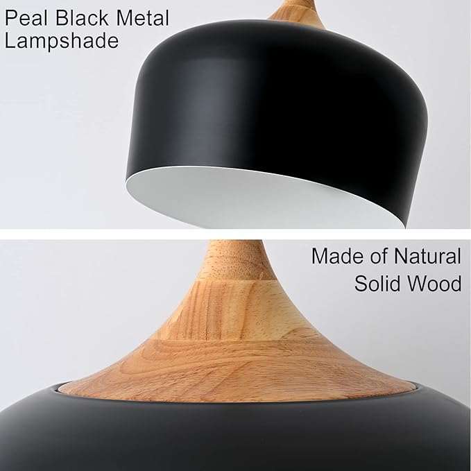 11.8 inch Black Industrial Pendant Light, Adjustable Wood Ceiling Hanging Lighting with Dome Metal Shade,Farmhouse Minimalist Lamp for Kitchen Island,Dining Room,Bar, Bedroom,Hallway