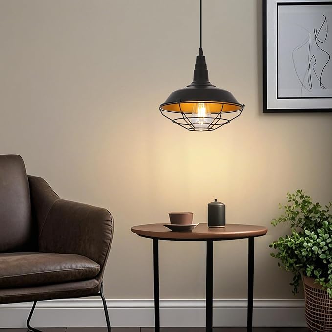 Farmhouse Pendant Lights Kitchen Island, 10.2" Black Kitchen Pendant Lighting Over Island, Industrial Vintage Hanging Light Fixtures Rustic Metal Wire Cage Pendant Light, 1 Pack