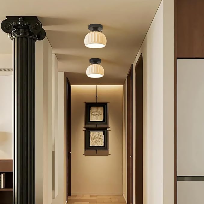 2 Pack Ceramic Black Semi Flush Mount Ceiling Light Vintage Hallway Light Fixtures, Modern Small Ceiling Mount Light Lamp for Hall Kitchen Entryway Passway Porch Foyer