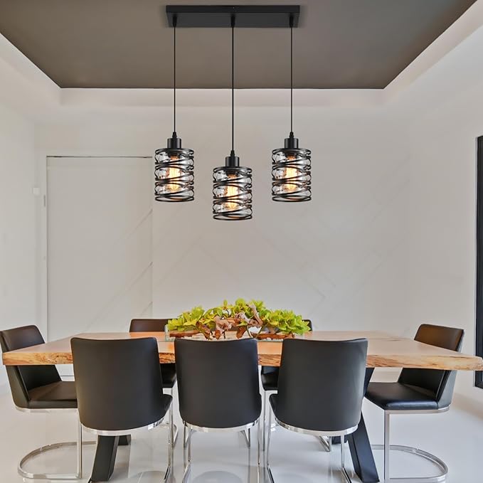3 Light Pendant Lights Kitchen Island Black Pendant Light Fixtures Spiral Iron Kitchen Island Lighting with Clear Glass Shade Adjustable Hanging Light Fixtures