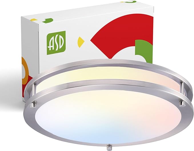 ASD LED 14" Round Flush Mount Lighting, Close to Ceiling Light Fixture | 3CCT, Dimmable, Energy Star, ETL Listed | 21W 1675LM 3000-5000K 120V | Low Profile Double Ring Lamp | Nickel