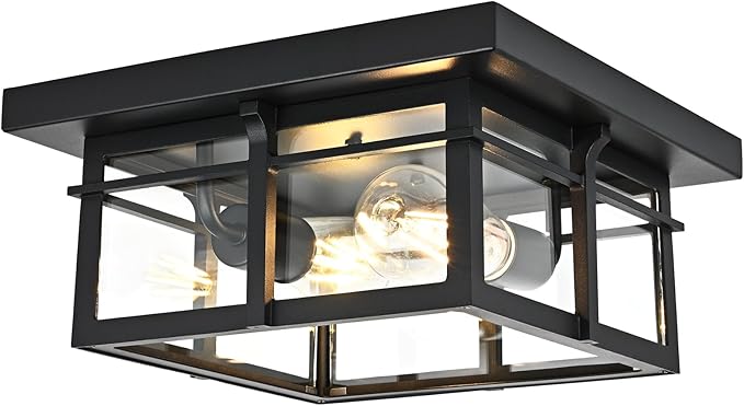 Farmhouse Ceiling Light Fixture Black 2-Light with Clear Glass, Square Flush Mount Ceiling Light for Hallway Kitchen Bedroom Porch