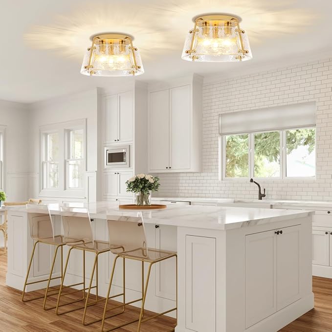 Gold Semi Flush Mount Ceiling Light 3-Light Modern Hammered Glass Chandelier Entryway Light Fixtures Kitchen Lighting Close to Ceiling Lights for Hallway Dining Room Bathroom Bedroom Foyer