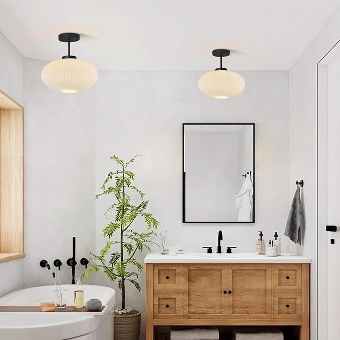 KCO Lighting Milk Glass Flush Mount Ceiling Light White Ribbed Glass Ceiling Light Fixture Large Globe Black Semi Flush Bathroom Overhead Light Fixtures