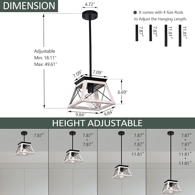 Luupyia Farmhouse Pendant Light Fixture, Height Adjustable, White Small Rustic Pendant Lighting, Farmhouse Island Lighting Fixtures Hanging for Entryway Kitchen Hallway