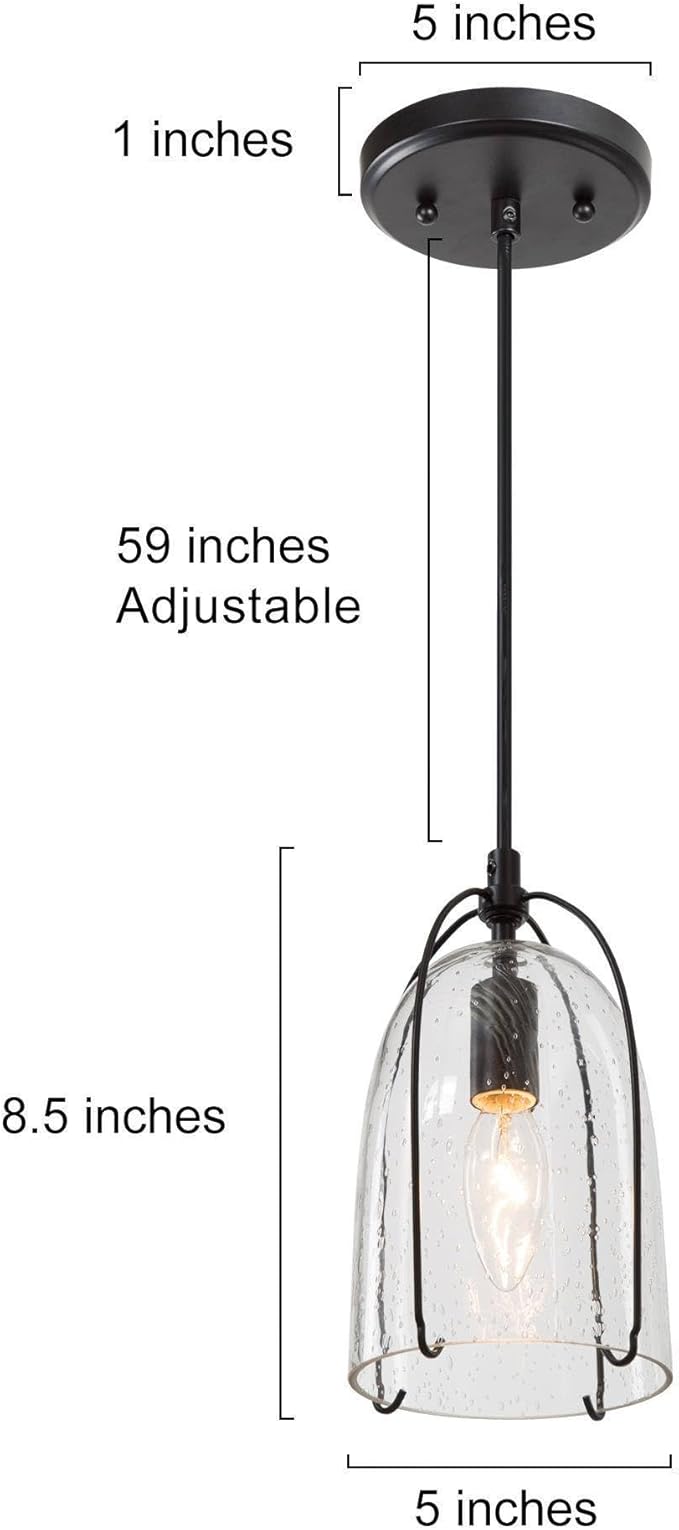 KSANA Modern Black Pendant Light, Farmhouse Pendant Lighting Fixture with Seeded Glass Shade for Kitchen Island, Dining Room, Living Room, Entryway, Stairway and Hallway
