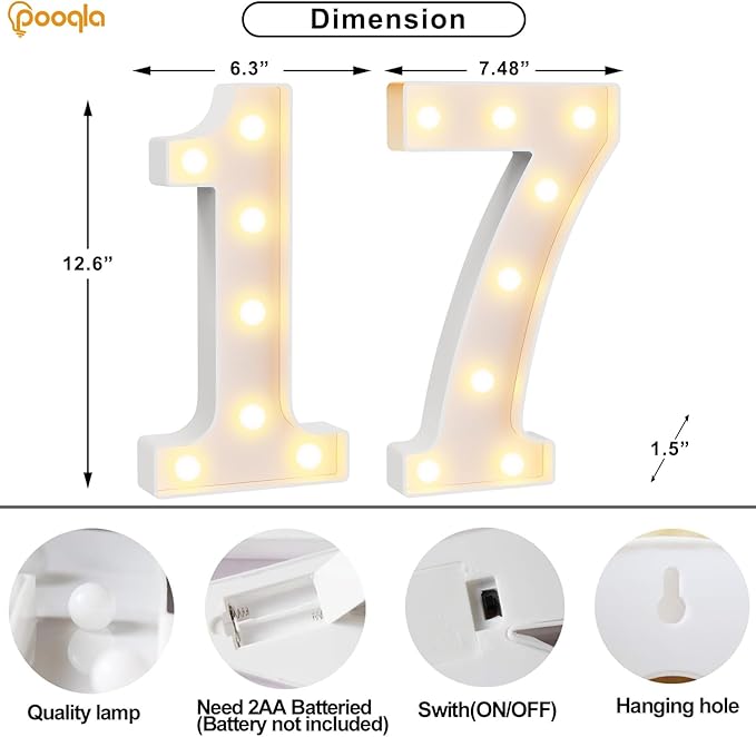 Pooqla 17th Birthday Decorations for Girls Boys, Large 12.6 in Tall Light Up Numbers for 17th Party Decorations Table Decor, Big Marquee Numbers 17th Birthday Gift for Girls Wedding Anniversary Decor