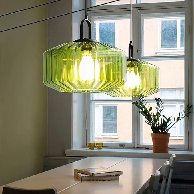 Plug in Pendant Light Green Glass Pendant Lamp Plug in Pendant Light Fixtures Mid Century Modern Hanging Lamp with Cord On/Off Switch Striped Glass Swag Light Dining Room Ceiling Lamp