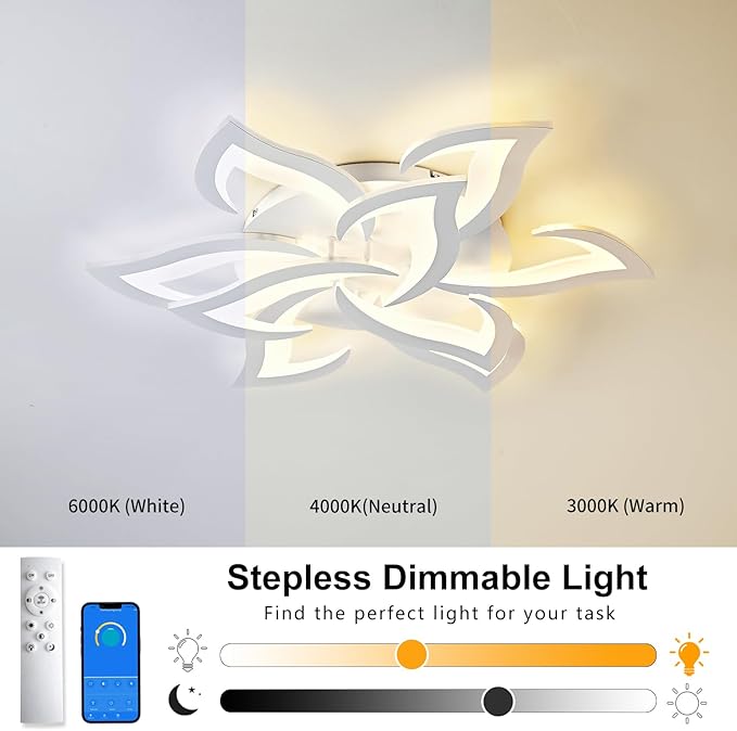 Modern Ceiling Light with APP & Remote Control, Dimmable LED Flush Mount Chandelier with 3-Color Temperatures, White Acrylic Flower Ceiling Light Fixture for Living Room Dining Room Bedroom Kitchen