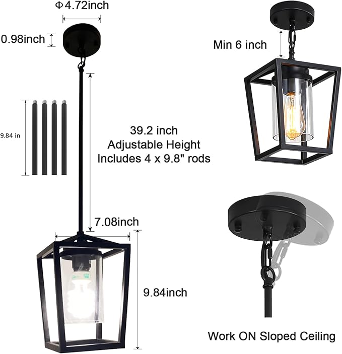 SGLfarmty Pendant Lights Kitchen Island, 1-Light Black Modern Farmhouse Adjustable Lantern Hanging Fixture with Glass Shade for Dining Room Entryway Hallway