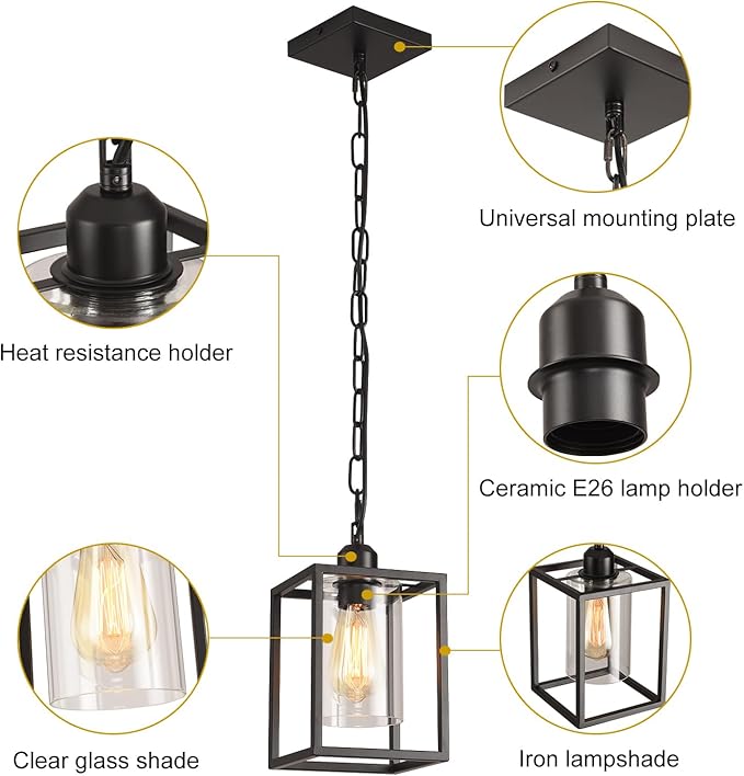 Farmhouse Pendant Light,Black Metal Frame Hanging Light Fixture with Clear Glass Shade Chandelier, Adjustable Chains Industrial Mini Pendant Lighting for Kitchen Island Entryway Porch