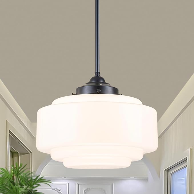 Schoolhouse Pendant Light, 14" Mid Century Pendant Lighting Fixture Vintage Milk Glass Chandelier with Black Metal for Dining Room Kitchen Island Bedroom Hallway, Adjustable Height (E26)