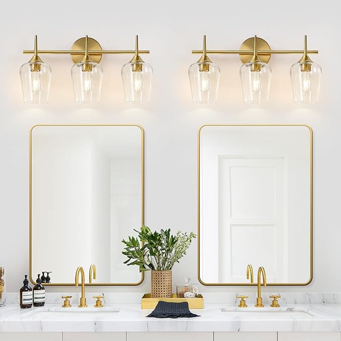 MOKATNG 3-Light Bathroom Light Fixtures, 19.5 Inch Brushed Gold Vanity Lights with Wine-Glass Shape, Bathroom Lights Over Mirror, Modern Wall Lamps for Bedroom Living Room Hallway