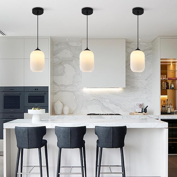 KCO Lighting Small Black Pendant Lighting Striped Glass Pendant Light Milk Glass Pendant Lights Kitchen Island Modern Farmhouse Hanging Pendant Light for Dining Room Living Room