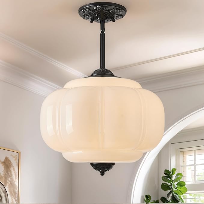 Milk Glass Ceiling Light Fixture, 15" Vintage Scallop Semi Flush Mount Pendant Light, Schoolhouse Light Fixture - Antique Chandelier for Kitchen, Hallway, Dining Room, White/Black