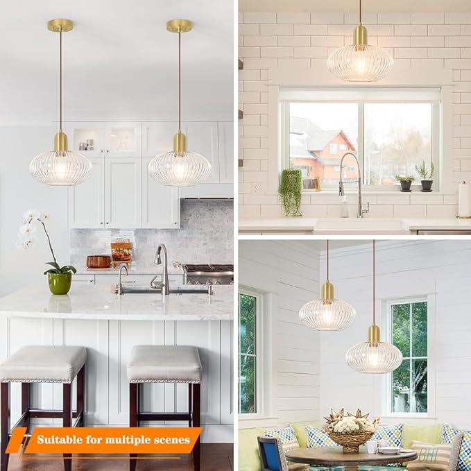 Lxybcce Mid Century Gold Pendant Light, Modern Globe Pendant Lights Kitchen Island, Minimalist Ribbed Island Light with Clear Glass, Adjustable Hanging Light Ceiling Hanging Lamp for Dining Room