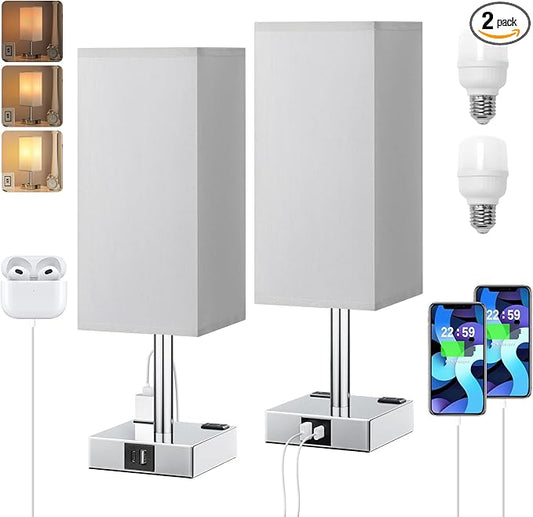 aooshine Touch Bedside Table Lamp Set of 2-3-Way Dimmable Night Lamp with USB A + Type C Charging Ports and Two AC Outlets, Small Desk Light with E26 LED Bulb for Bedroom Living Room Dorm Office