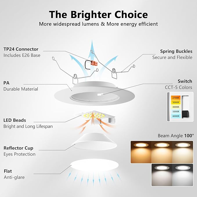 LVWIT LED Recessed Light 6Inch, Can Lighting Color Selectable 2700/3000/4000/5000/6000K 5CCT, 10W(120W Equivalent) Dimmable Downlight with E26 Conversion Kit, Retro Fit Ceiling Light Fixtures, 24 Pack