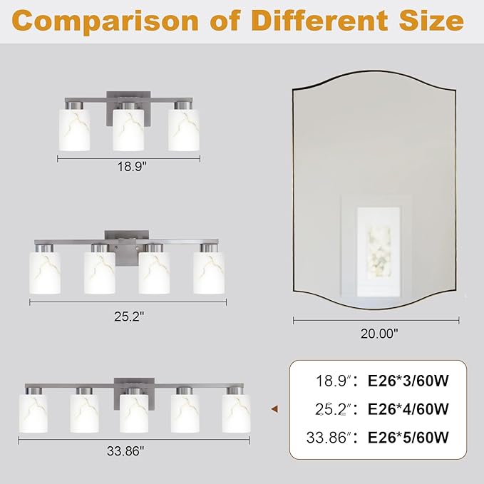 5-Light Bathroom Light Fixtures, Modern Vanity Lights, Brushed Nickel Metal Wall Lamp with White Marble Glass for Bathroom, Mirror, Living Room, Bedroom, Cabinet, Porch, Hallway, E26 Base