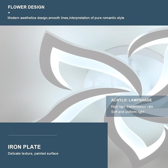 5-Petal Flower LED Ceiling Light Fixture, 23.6 inch 6500K Cool White Modern LED Flush Mount Ceiling Lights, White Acrylic Ceiling Lamp for Living Room Bedroom Dinning Room Kitchen