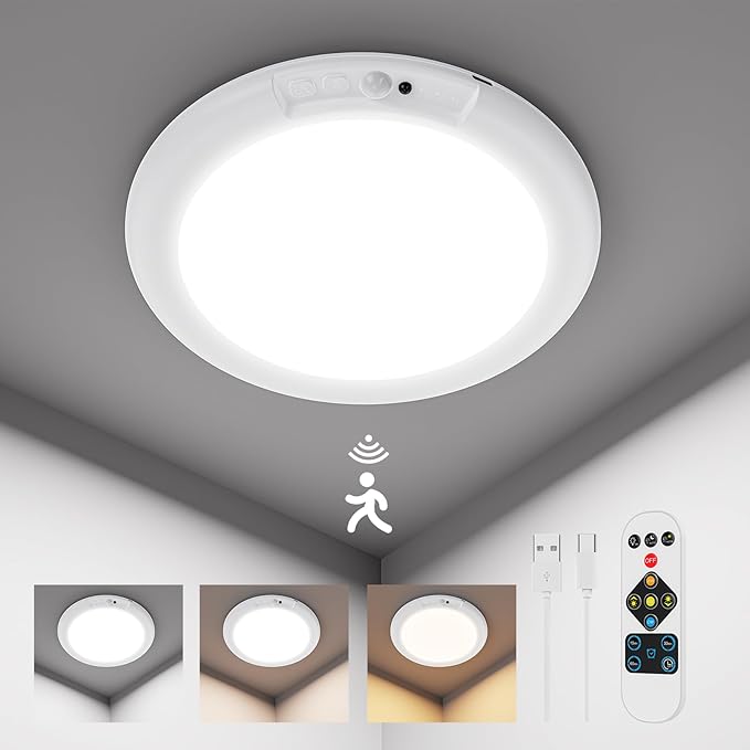 HURYEE Magnetic Wireless Ceiling Lights, Battery Operated Ceiling Light wiht Remote, Rechargeable Motion Sensor Closet Light for Shower Bathroom Hallway Porch