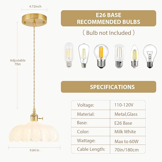 2 Pack Glass Pendant Lights Kitchen Island, Vintage Brass Pendant Light Fixtures, Adjustable Milk White Kitchen Pendant Lighting Over Island for Bedroom Living Room Hallway Dining Room