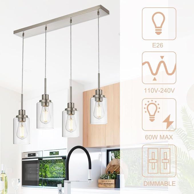 4-Lights Pendant Light Fixtures, Modern Brushed Nickel Kitchen Island Lighting with Clear Glass Shade, Adjustable Hanging Ceiling Lamp