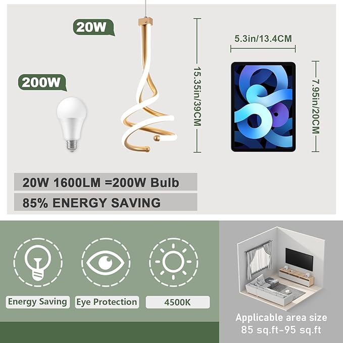 EIDISUNY Modern Pendant Light, Spiral LED Pendant Light Fixture, 4500K LED Hanging Lamp, Gold Chandelier Lights Fixture, 20W Adjustable for Kitchen Island, Dining Room, Bedroom,1 Pack