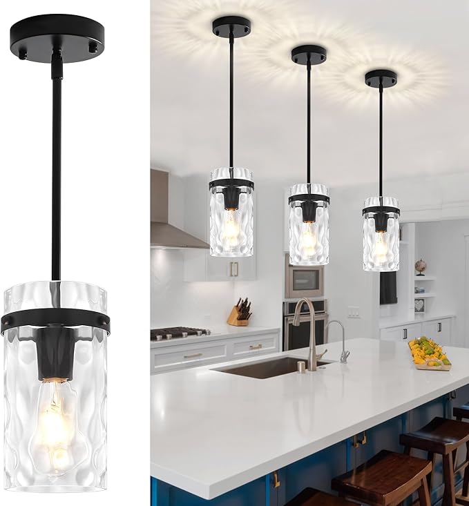 3 Pack Black Pendant Lights Kitchen Island, Modern Hammered Glass Kitchen Pendant Lighting Over Island Hanging Bathroom Light Fixtures Adjustable Pendant Light for Hallway Entryway Dining Room