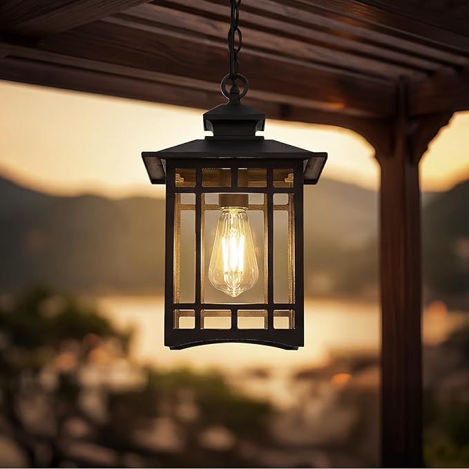 Emliviar 14.4" Hanging Lantern Light Fixture in Black Finish, Dusk to Dawn Modern Outdoor Porch Chandelier with Clear Glass Shade, 100W Max, XE309H-M-PC BK