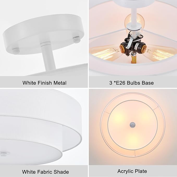 Modern Semi Flush Mount Ceiling Light, 18" Modern White 3-Lights Drum Ceiling Lighting Fixture, Vintage Linen White Ceiling Lamp for Laundry Room, Kitchen, Basement, Dining Room, Bedroom